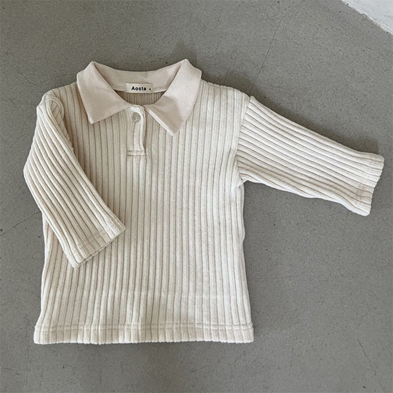 T-shirt bébé style coréen – Rayures revers manches longues (Beige et Kaki)
