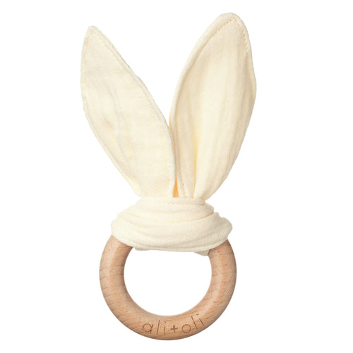 Ali+Oli Crinkle Bunny Ears Wooden Teethers for Babies (Natural) Bunny Ear Teething Ring Wooden Toys for Babies Gender Neutral Baby Gift Teething Toys for Babies Newborn Animal Teether Toys