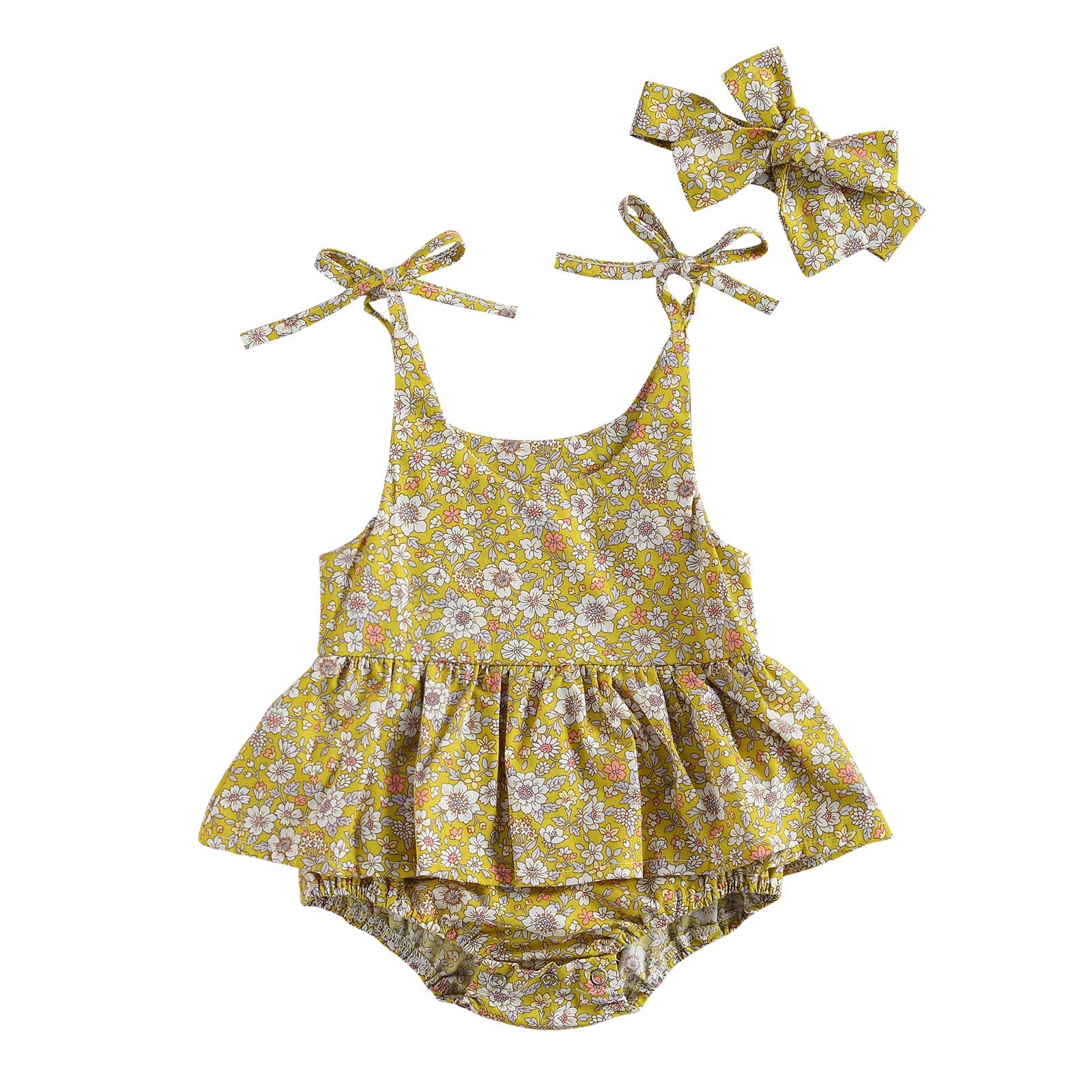 Newborn Girls Sling Jumpsuit – Floral Sleeveless Romper with Headband
