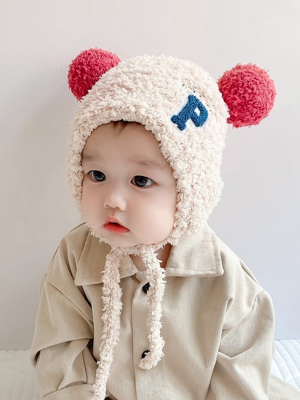 Bonnet bébés pompon en peluche – Bonnet doux en laine d'agneau pour 0-24 mois