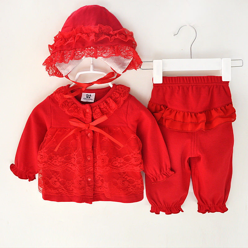 Cotton Baby Clothing Set for Girls - Pink Lace (3 Pieces)